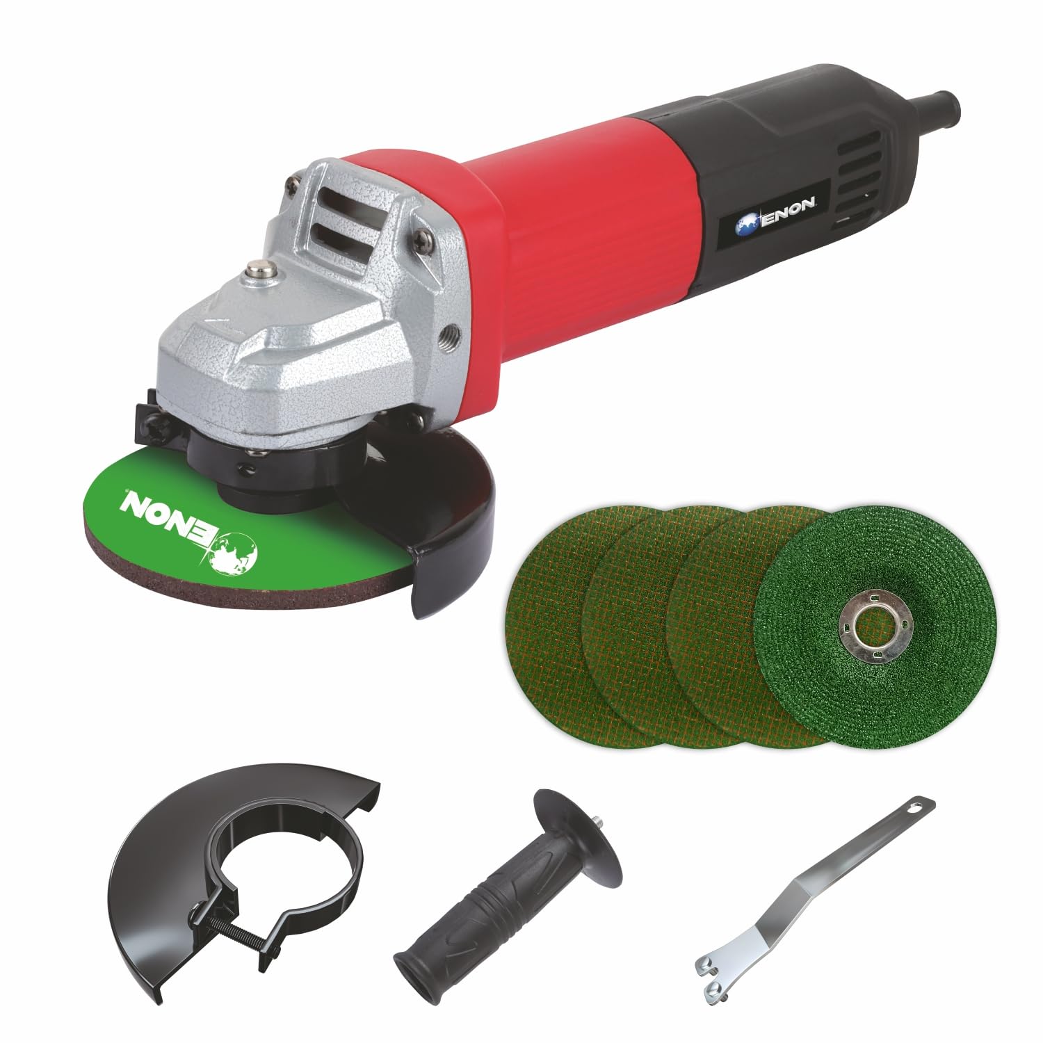 ENON Corded Electric Angle Grinder 900W 12500 RPM with 3 cutting wheel and 1 Grinder Wheel 100m for Grinding, Polishing & Cutting with 3 for Home & DIY Use, Back Switch (XE-4001H) ENON Corded Electric Angle Grinder 900W 12500 RPM with 3 cutting wheel and 1 Grinder Wheel 100m for Grinding, Polishing & Cutting with 3 for Home & DIY Use, Back Switch (XE-4001H)